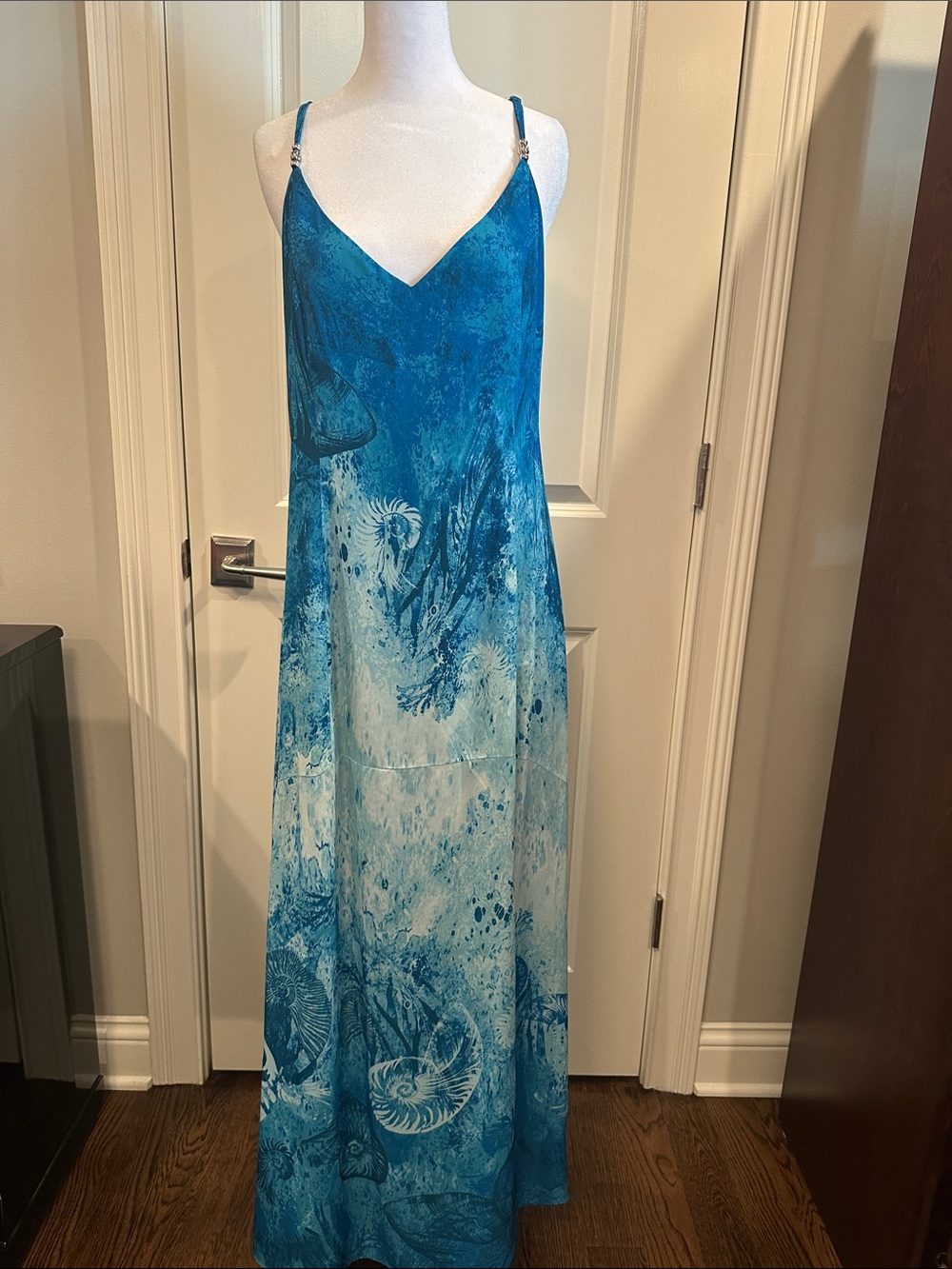 White House Black Market Teal and Aqua Seashell Slip Maxi Dress